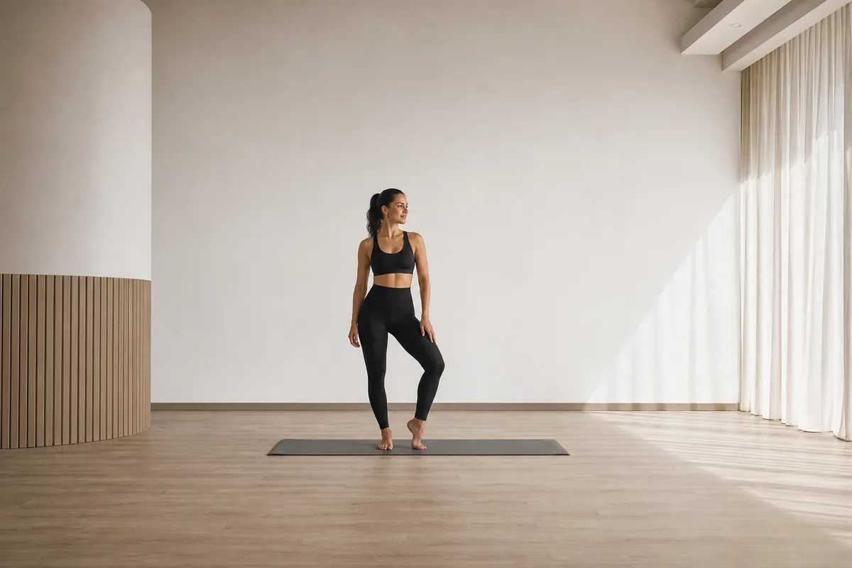 Mulher com corpo em forma vestindo uma legging preta de cintura alta e um top esportivo preto, em pé em um estúdio de yoga com piso de madeira clara e uma parede branca, com luz suave vindo da direita.