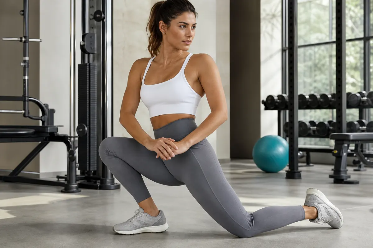 Mulher com corpo em forma vestindo uma legging cinza de cintura alta e um top esportivo branco, fazendo uma pose de alongamento em uma academia moderna com equipamentos de ginástica ao fundo, luz suave vindo da janela.