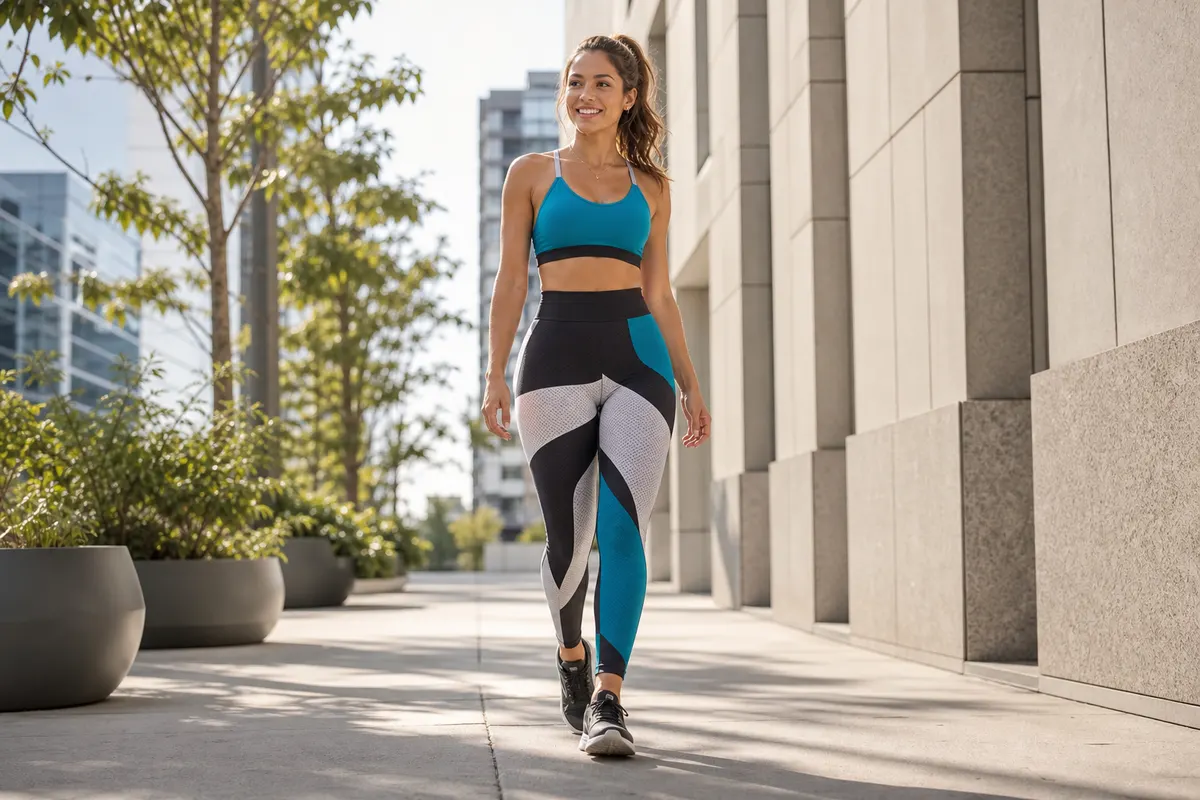 Mulher com corpo em forma vestindo uma legging estampada com cintura alta e um top esportivo colorido, sorrindo e caminhando em uma rua urbana com arquitetura moderna ao fundo, luz do sol da manhã.