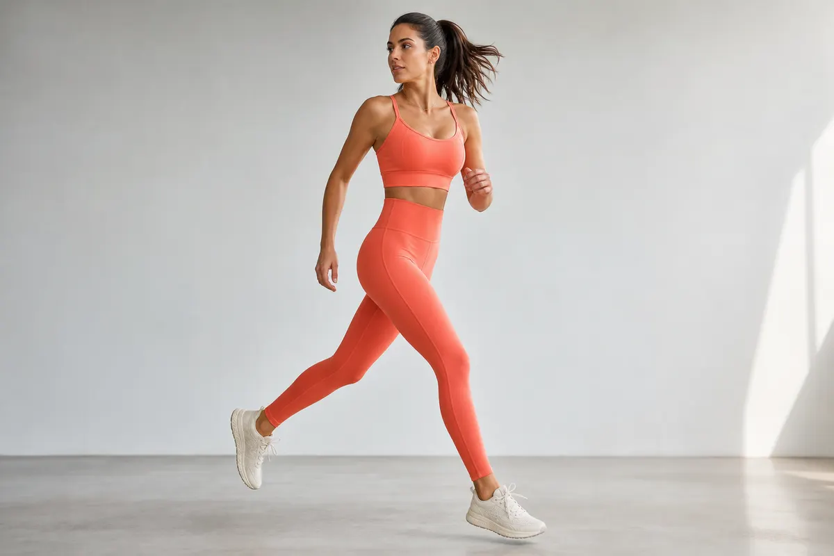 Mulher em movimento, vestindo um conjunto de legging e top em tom coral vibrante, em um estúdio com fundo desfocado.