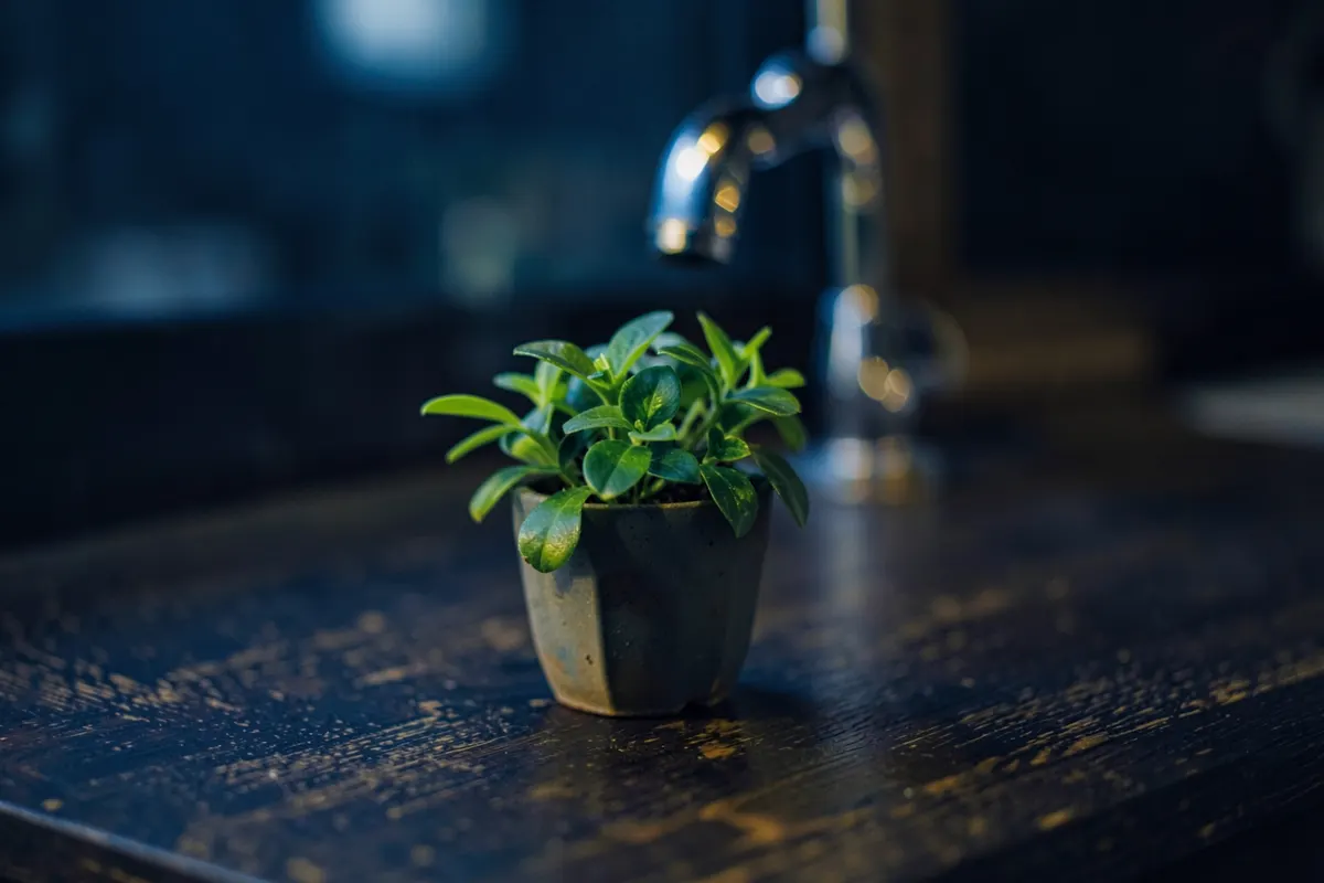 Uma bancada de madeira escura com um pequeno vaso de planta verde e uma torneira de metal cromado ao fundo, em um ambiente com pouca luz.