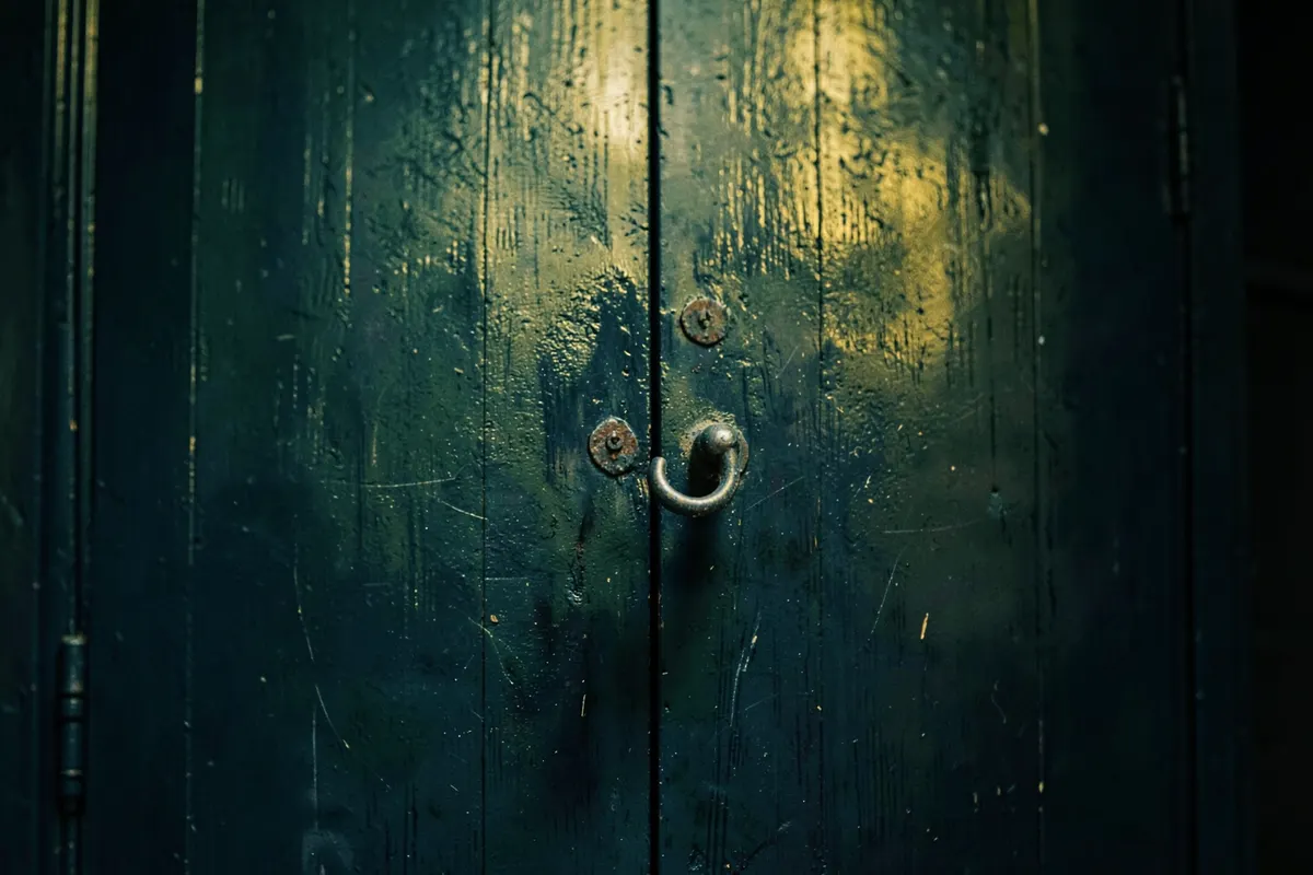 Uma porta de madeira escura com maçaneta de metal, mostrando sinais de desgaste e umidade, em um ambiente interno mal iluminado.