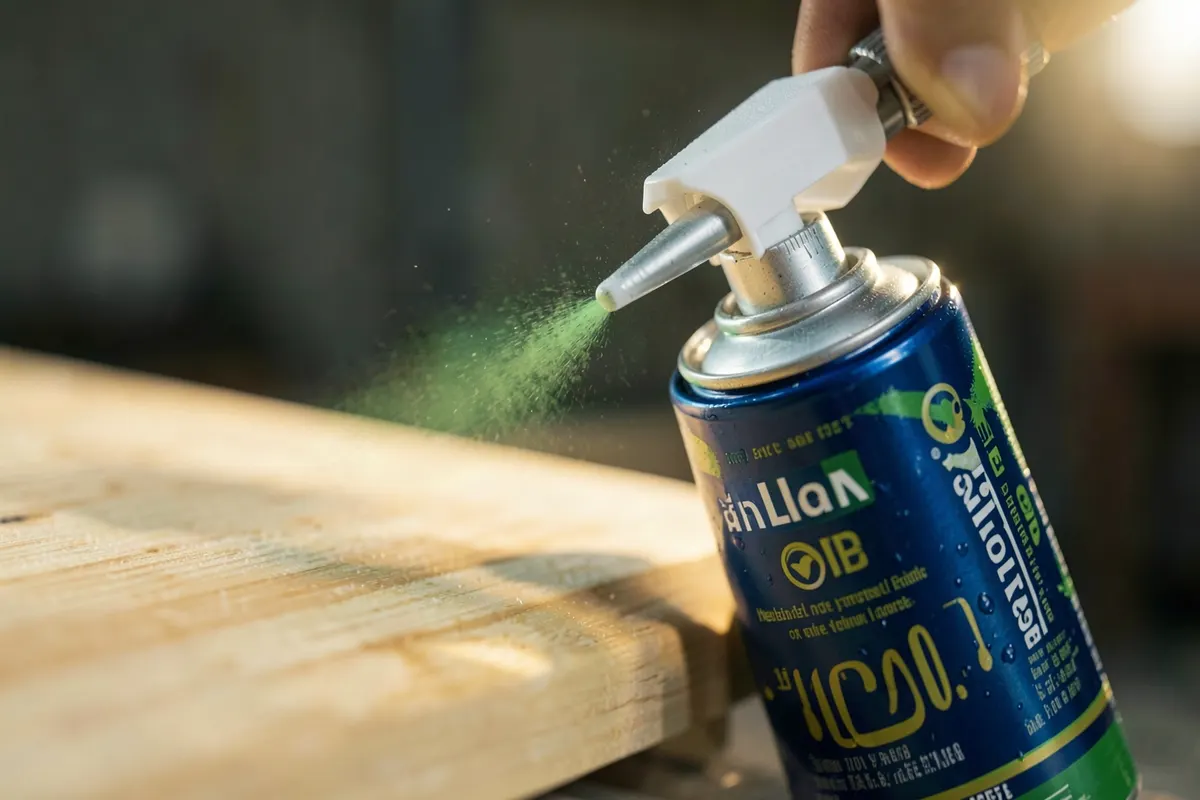 Uma lata de spray de verniz com um bico aplicador, ao lado de uma superfície de madeira clara que está sendo protegida, em um ambiente de oficina com luz focada.