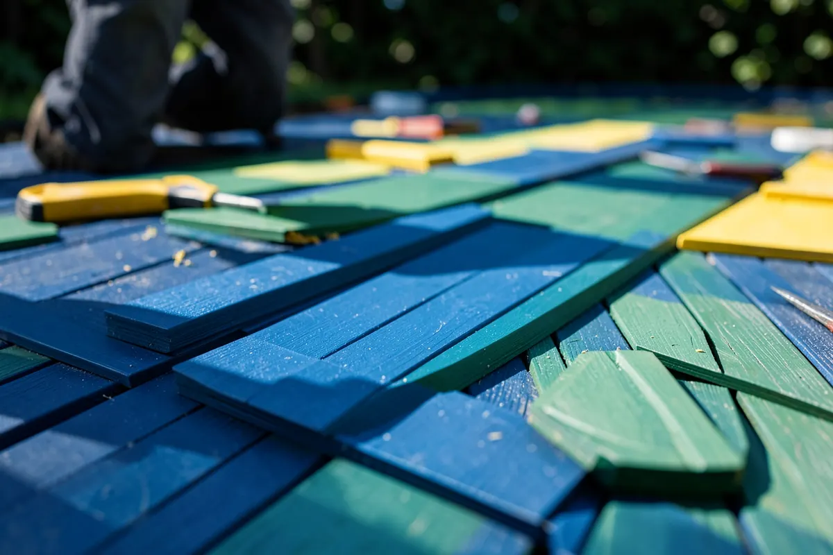 Peças de madeira plástica sendo montadas em um deck de jardim com ferramentas espalhadas.