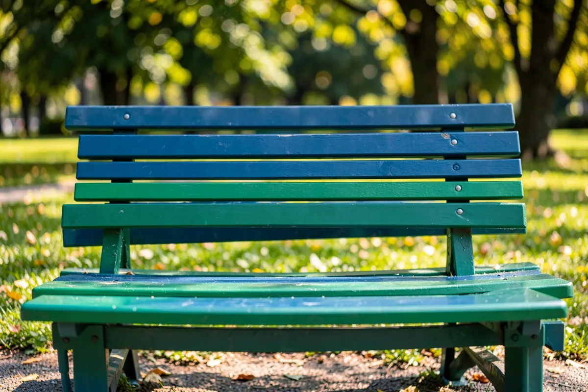 Um banco de praça feito de madeira plástica com detalhes em verde em um parque ensolarado.