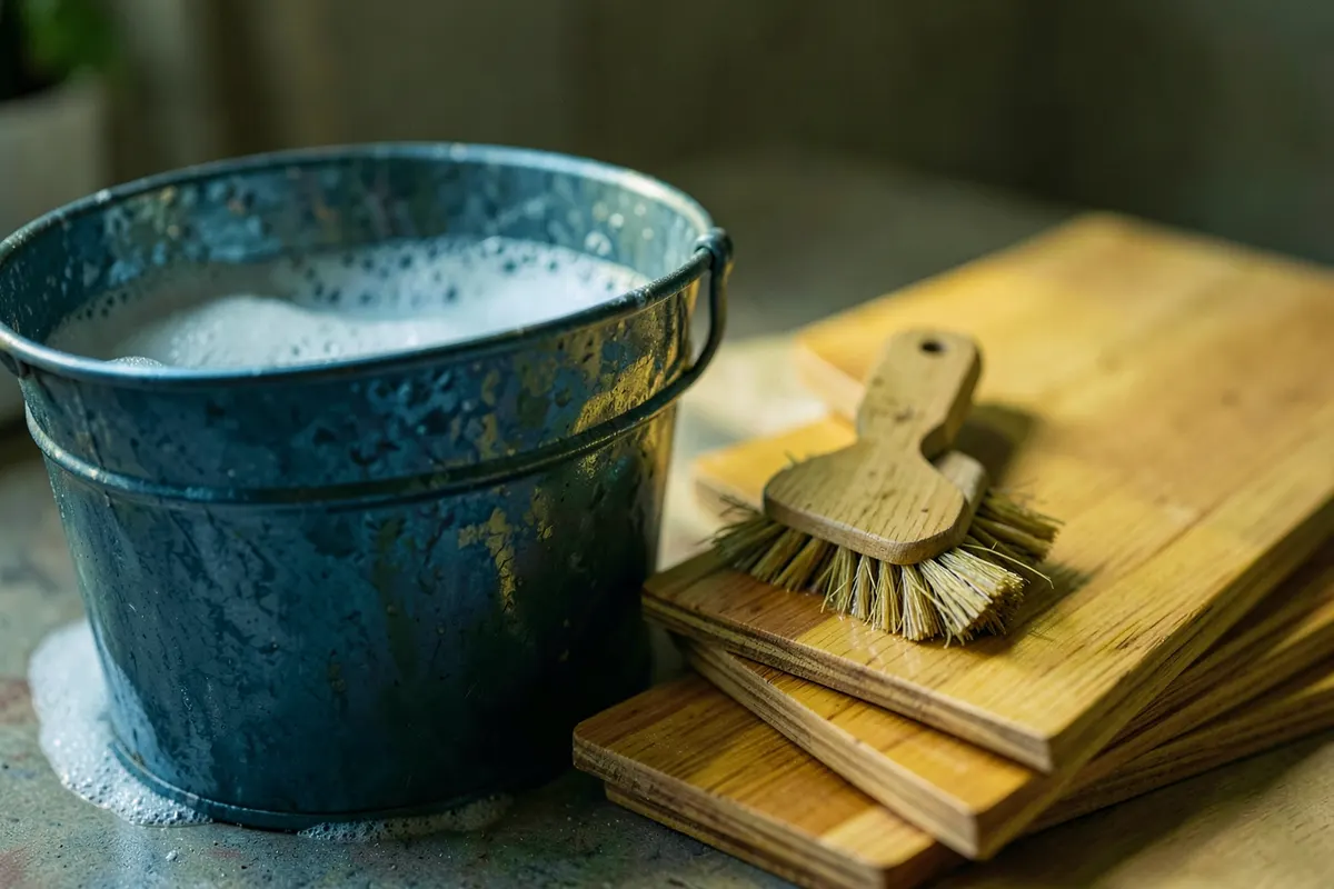 Balde com água e sabão e escova de limpeza ao lado de tábuas de madeira plástica.