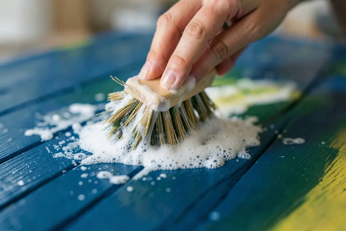 Mãos usando escova para limpar tábuas de madeira plástica com espuma.