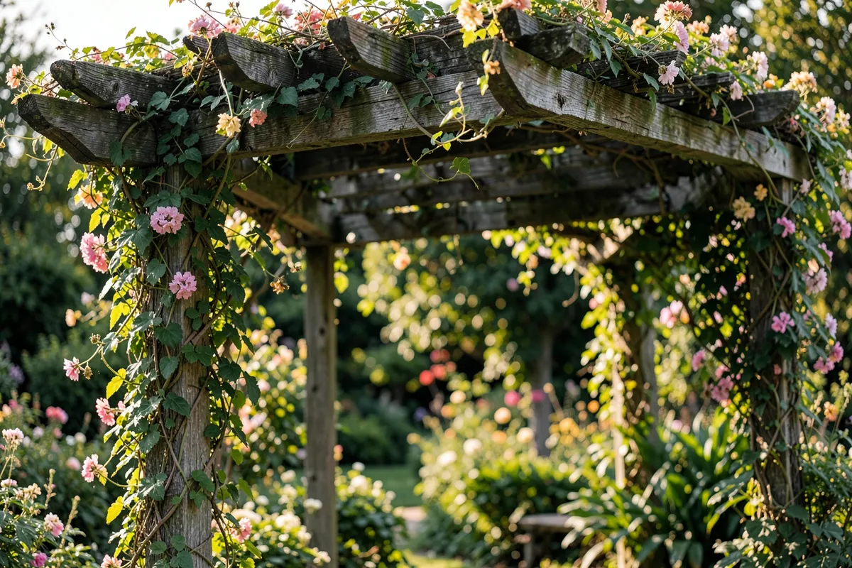Pergolado de madeira rústica com trepadeiras floridas em um jardim.
