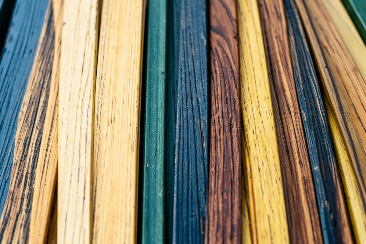 Variedade de tábuas de madeira com diferentes tonalidades para decks