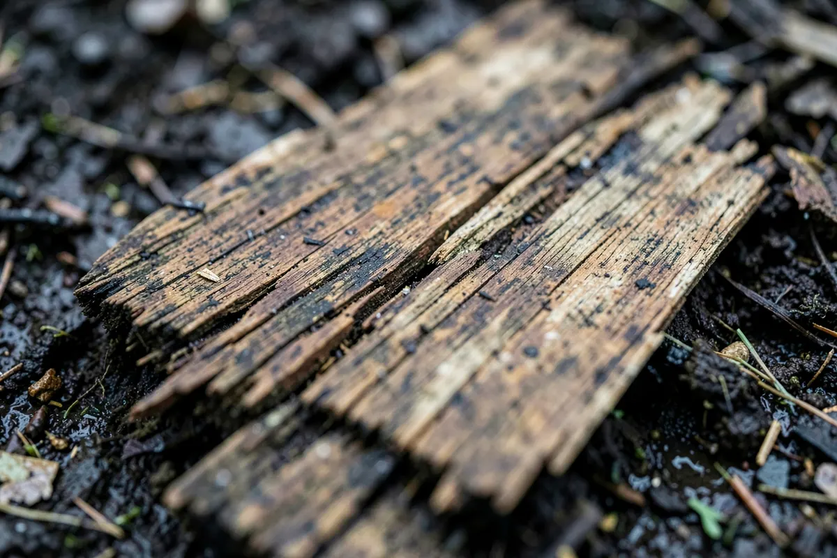 Uma tábua de madeira natural mostrando sinais de apodrecimento e desgaste após exposição ao tempo.