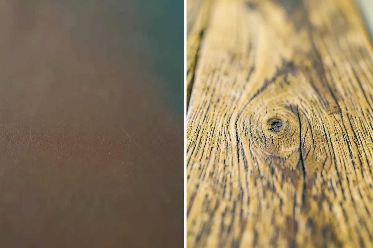 Comparação lado a lado de uma tábua de madeira plástica e uma tábua de madeira natural, mostrando a textura e cor.