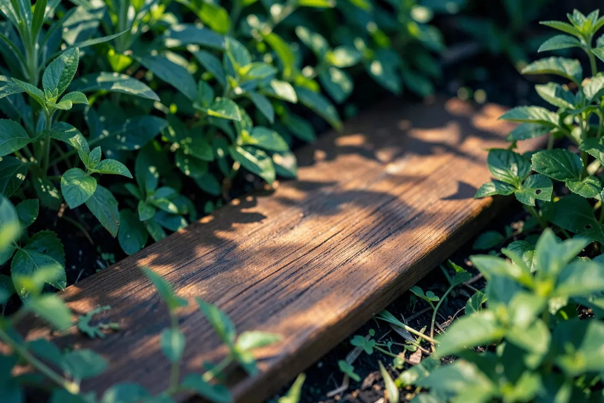Peça de madeira plástica em formato de deck em um ambiente externo com plantas.