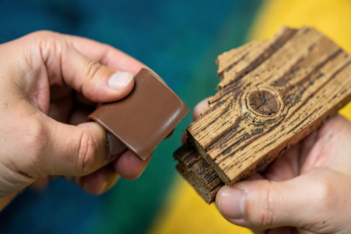 Mãos segurando uma pequena peça de madeira plástica e uma peça de madeira natural para comparação.