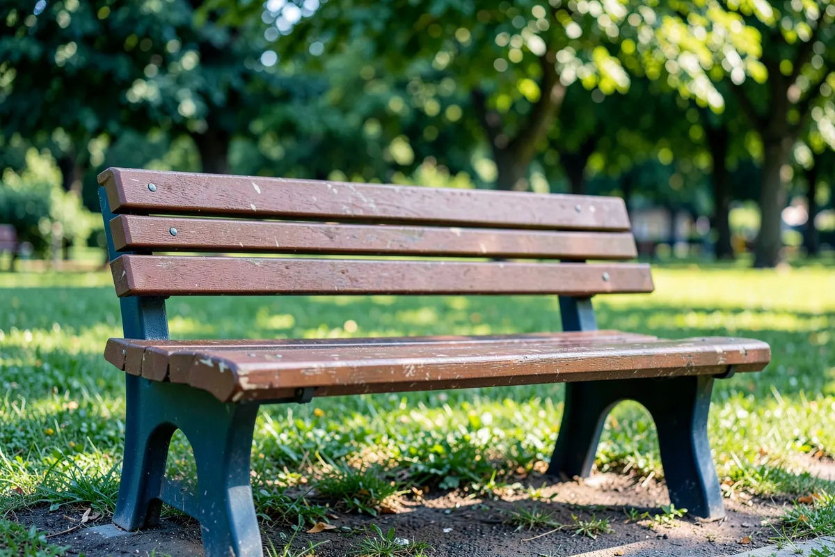 Exemplo de aplicação de madeira plástica em um banco de jardim em um parque.