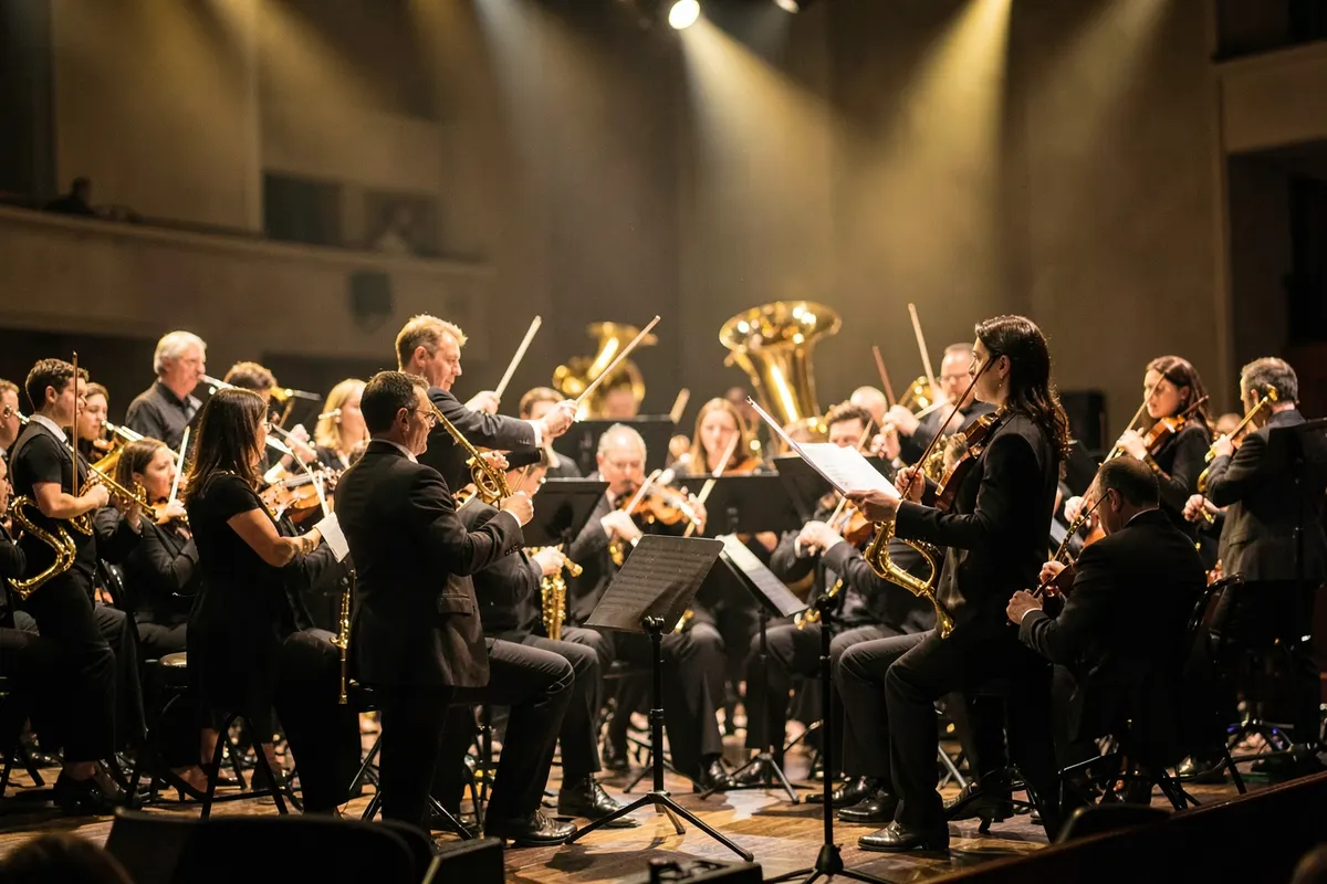 Um maestro regendo uma orquestra com instrumentos de sopro e cordas em um ambiente festivo.