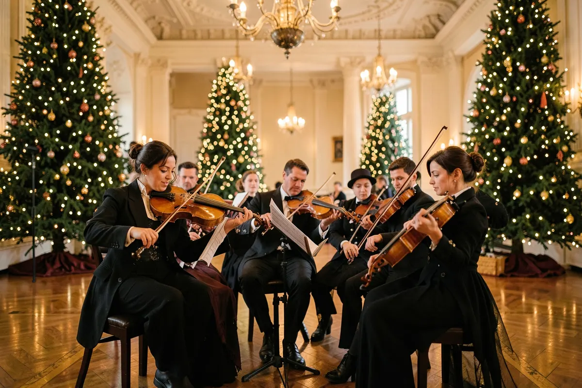 Um quarteto de cordas tocando músicas natalinas em um salão decorado com árvores de natal e luzes pisca-pisca.