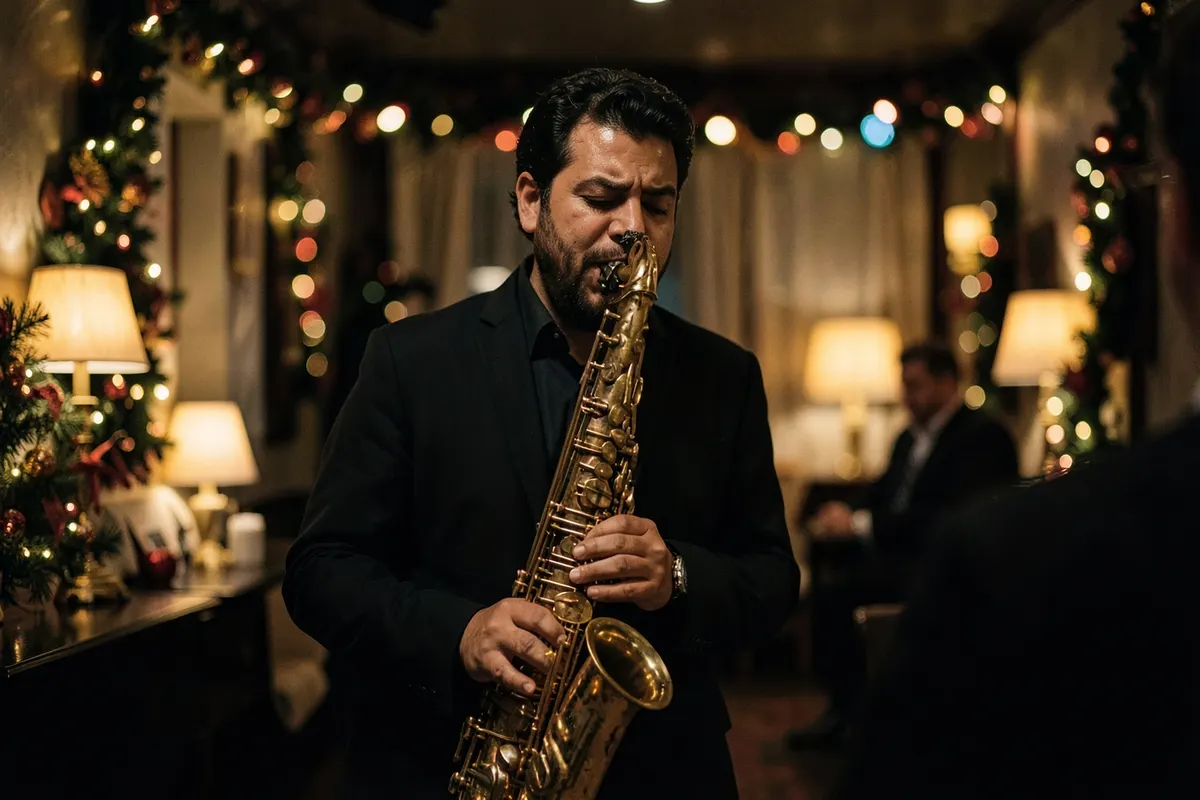Um trio de jazz tocando em um clube com decoração natalina, com foco em um saxofonista.