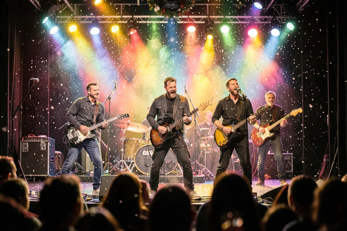 Uma banda de rock tocando músicas natalinas em um palco com iluminação vibrante e neve artificial caindo.