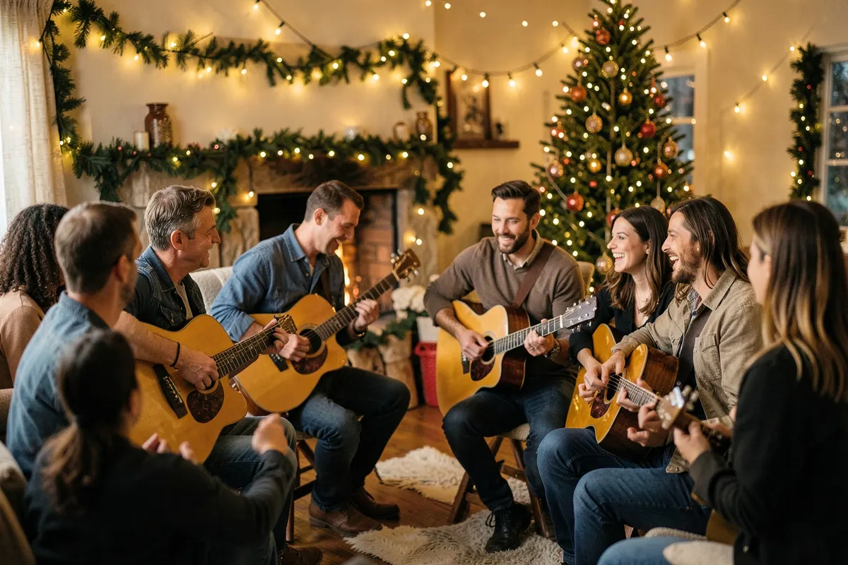 Um grupo de músicos tocando violão e percussão em uma roda de amigos em uma festa de natal com decoração rústica.