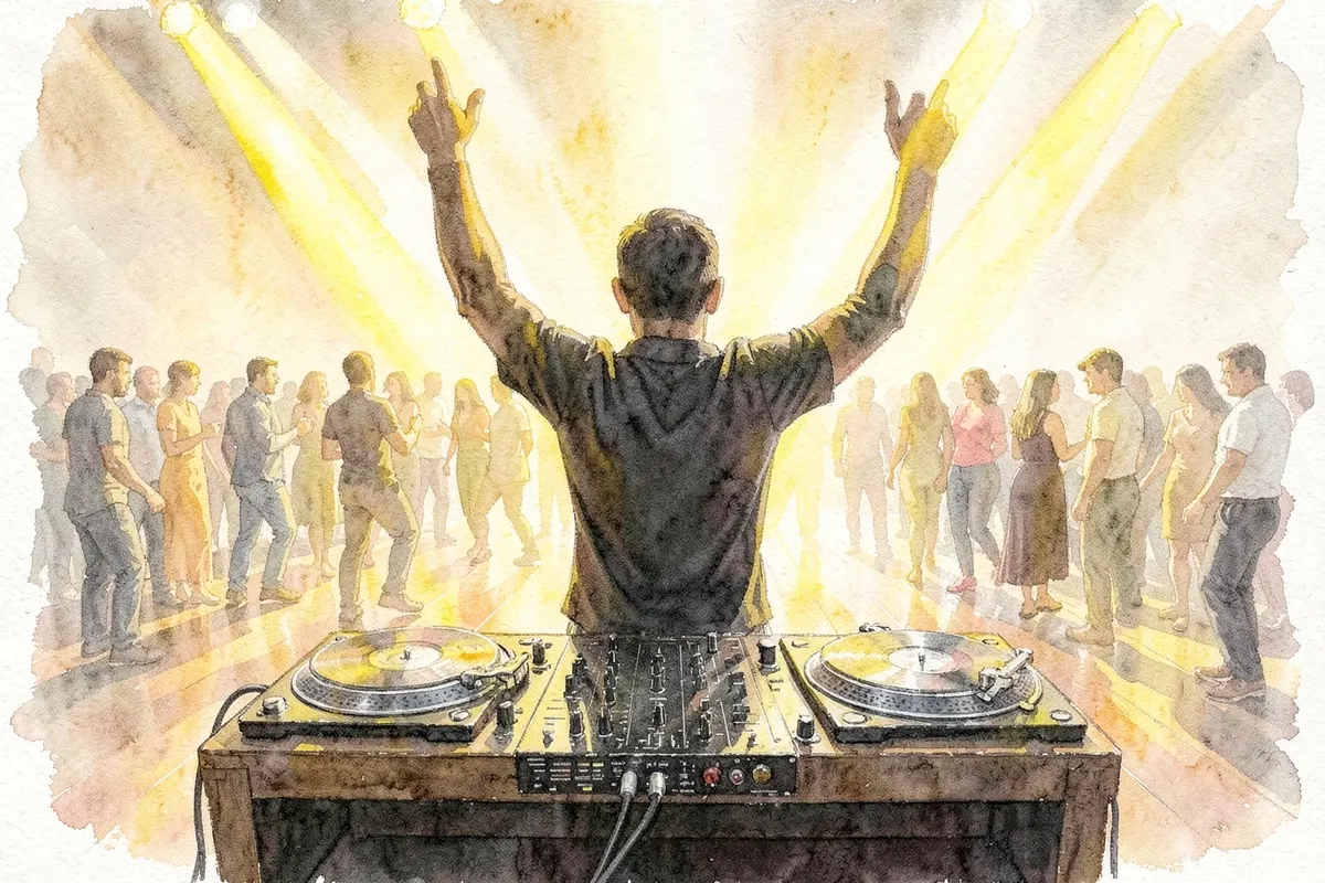 Um DJ animando uma festa, com luzes coloridas e pessoas dançando ao fundo.