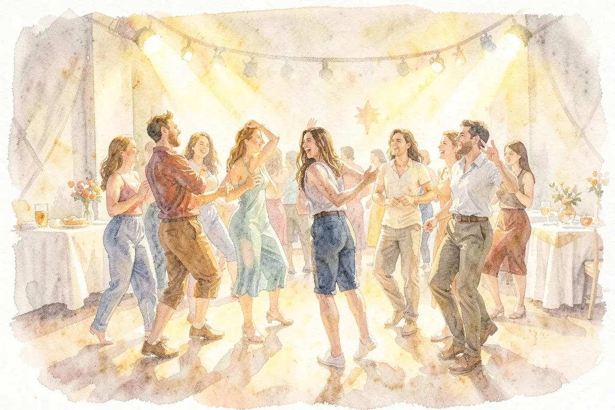 Um grupo de pessoas dançando animadamente em uma festa com música alta.