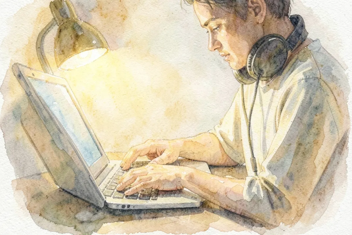 Uma pessoa organizando músicas em um notebook, com fones de ouvido ao redor do pescoço.