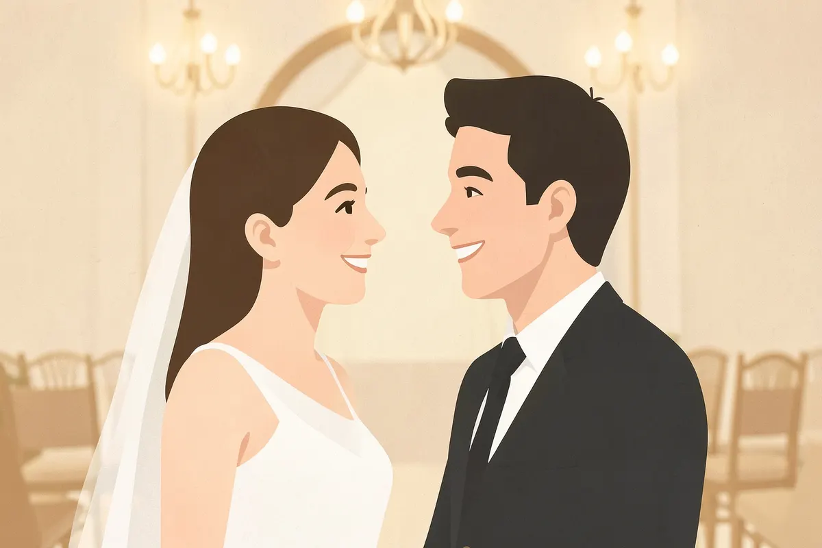 Casal de noivos sorrindo um para o outro durante a cerimônia de casamento.