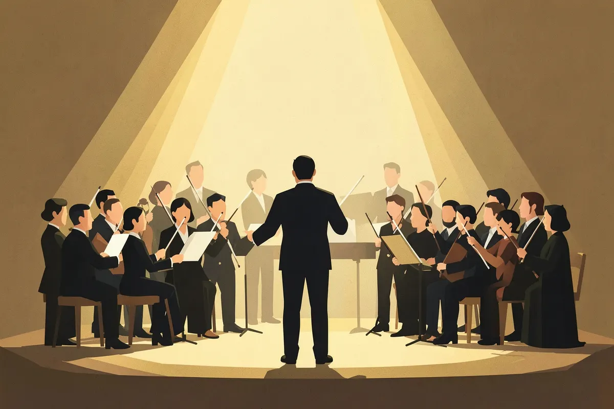 Maestro regendo uma orquestra com partitura em mãos.