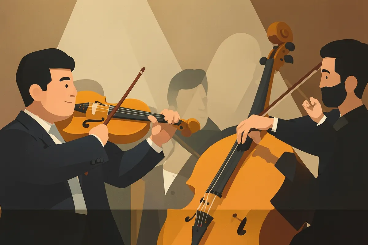 Músicos tocando violino e violoncelo em uma orquestra.