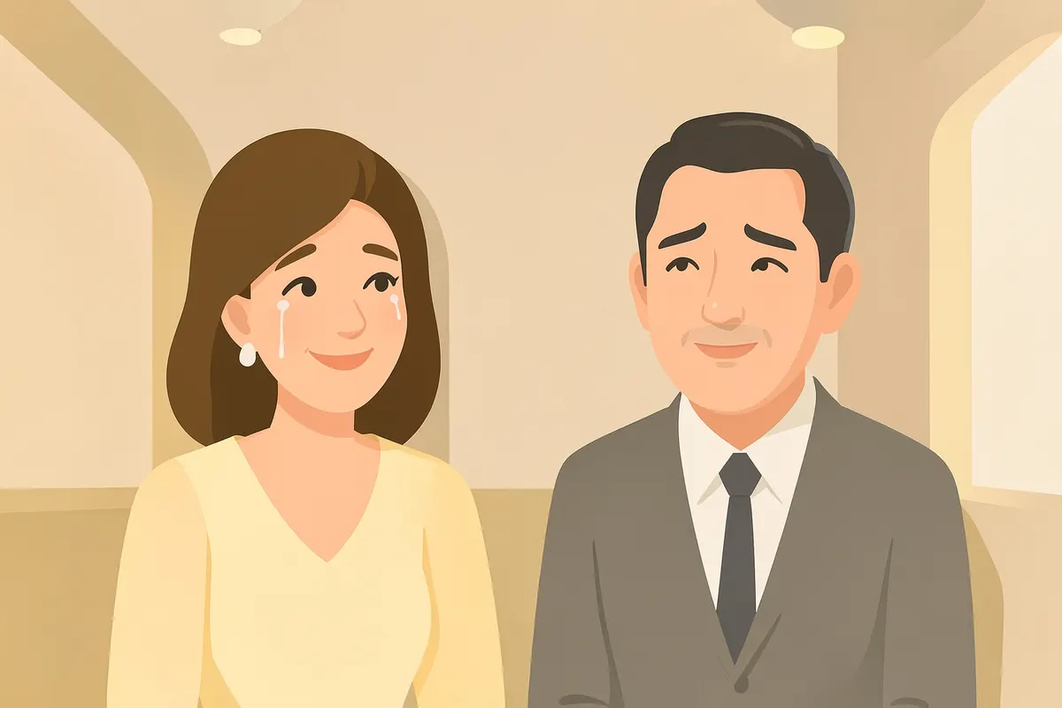 Pais da noiva emocionados assistindo à cerimônia de casamento.