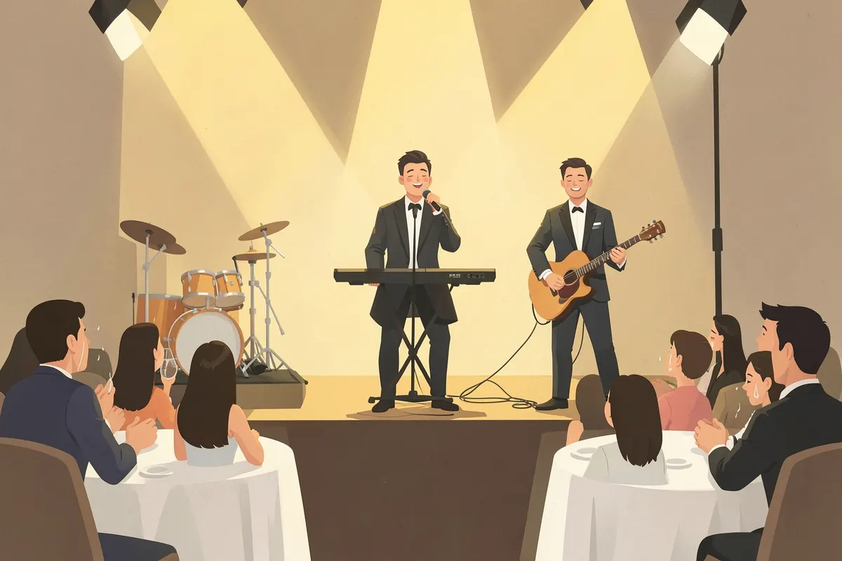 Uma banda tocando em um palco para uma plateia atenta em um casamento.