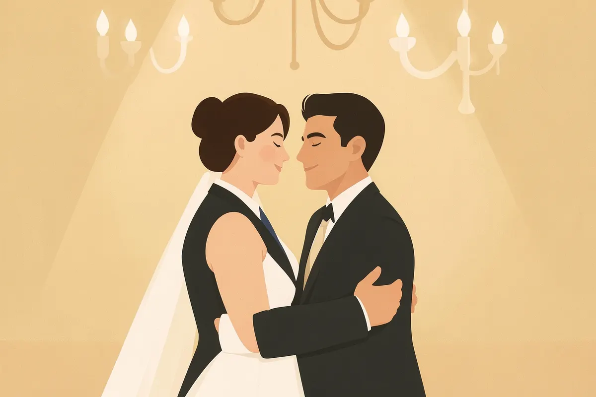 Um casal de noivos dançando a sua primeira dança em um salão de festas.