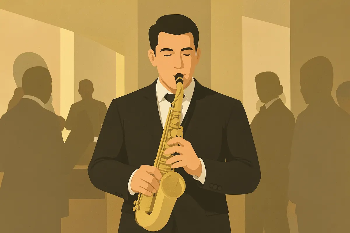 Um saxofonista tocando em um evento corporativo elegante com poucas pessoas ao fundo.