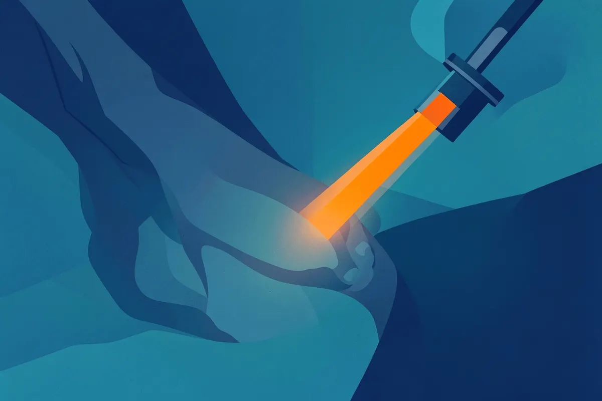 Close-up de perna com varizes sendo tratada com laser, mostrando o feixe de luz na pele.