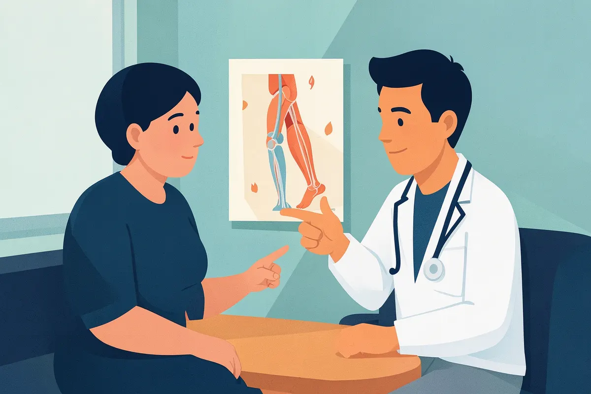 Pessoa consultando médico sobre opções de tratamento para varizes em um consultório.