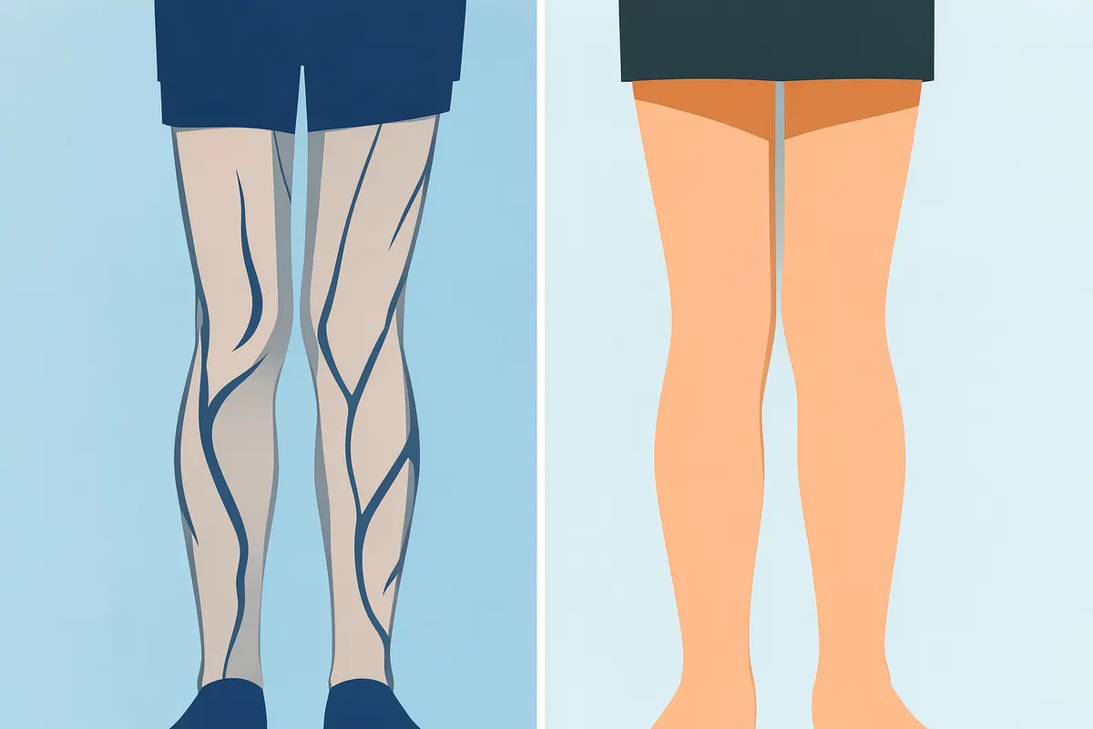 Perna com veias varicosas antes e depois do tratamento a laser.