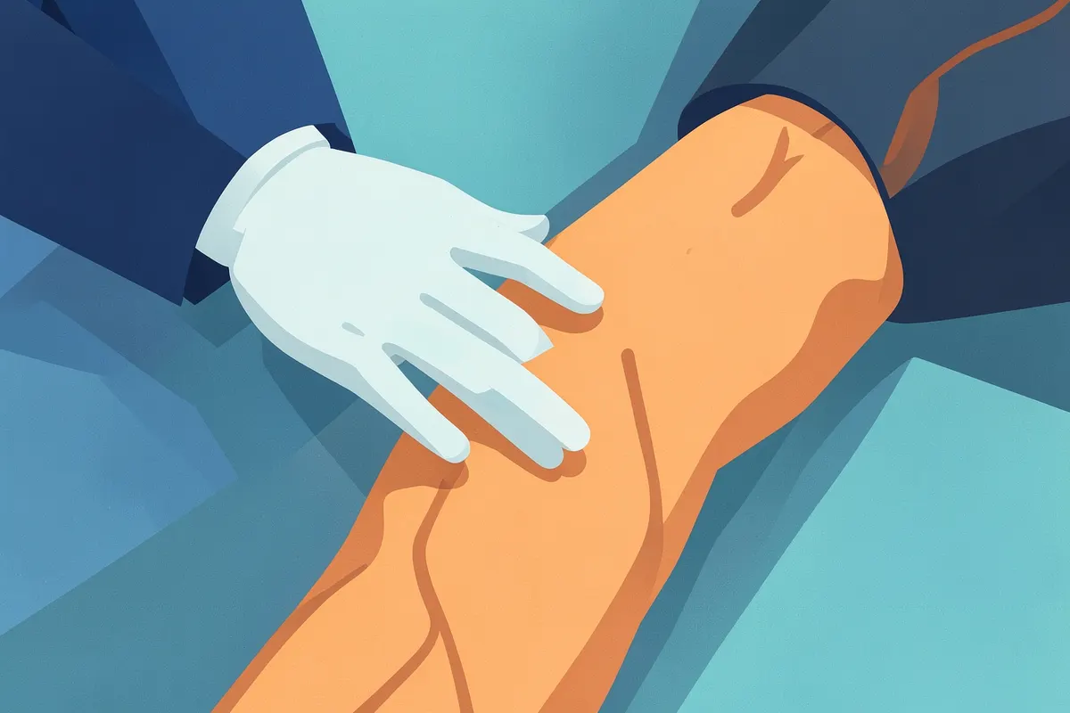 Perna com veias varicosas sendo examinada por médico.