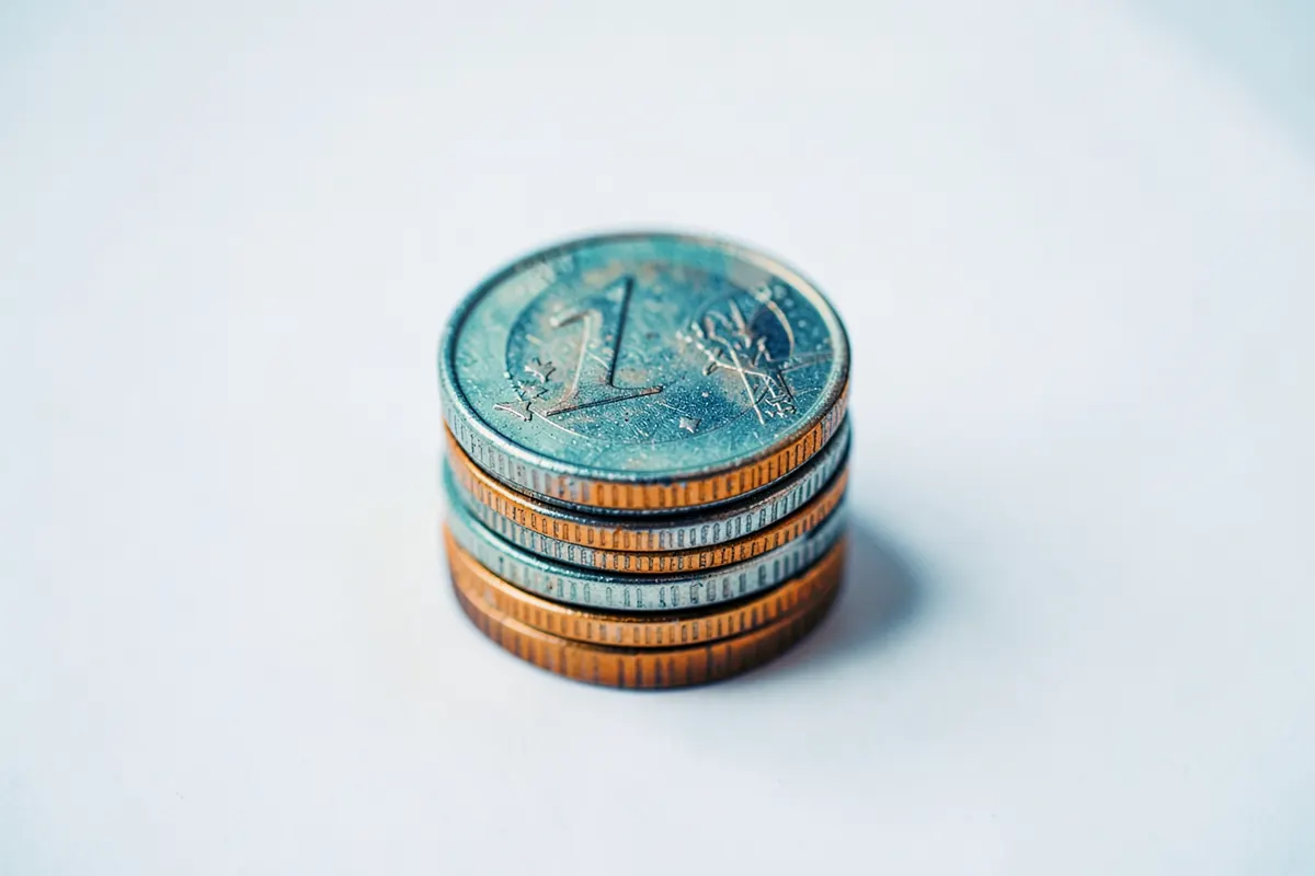 Moedas de euro empilhadas sobre um fundo branco, vista de cima, luz de estúdio, detalhe.