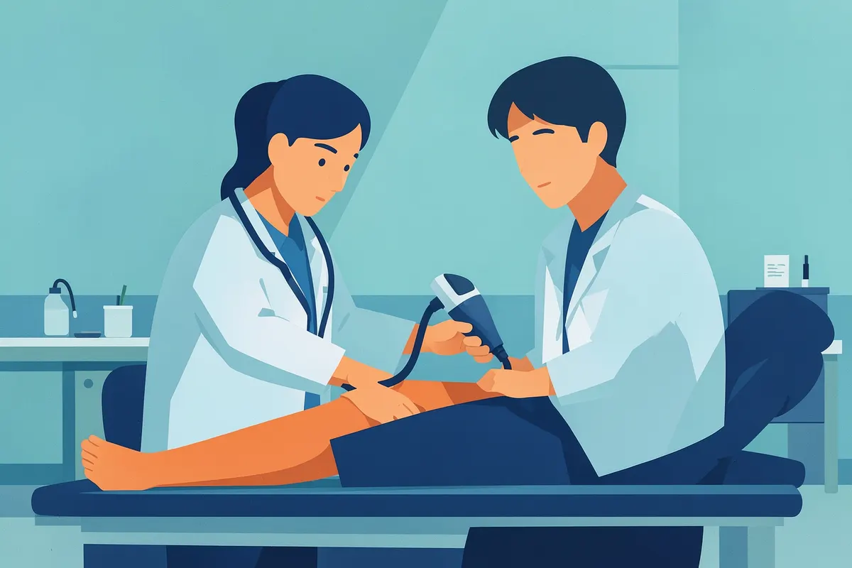 Um médico examinando a perna de um paciente com Doppler, em um consultório médico.