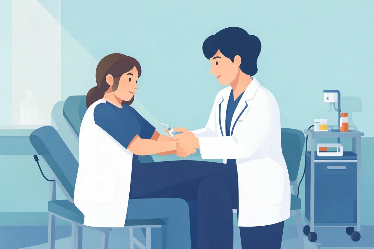 Paciente recebendo injeção de anticoagulante de um profissional de saúde.