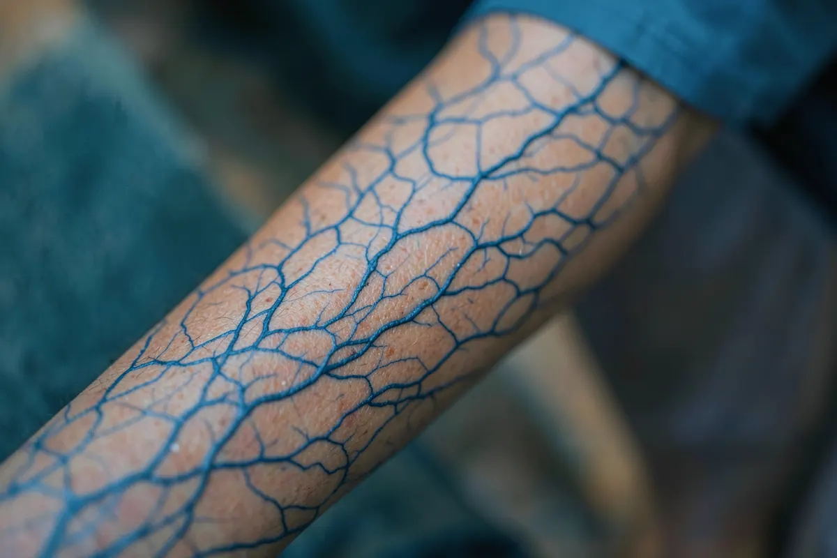 Perna com veias azuis finas e retorcidas visíveis sob a pele.
