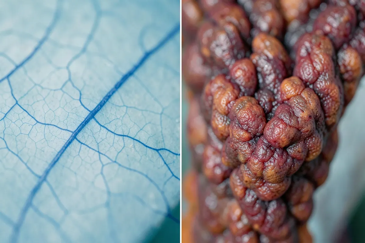 Comparação lado a lado de veias finas e varizes mais grossas e tortuosas nas pernas.