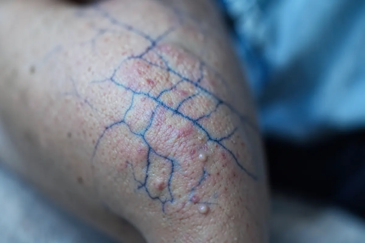 Perna com veias azuis visíveis e leve inchaço, com foco na área afetada.