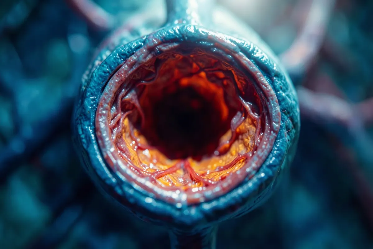 Close-up de uma artéria humana com fluxo sanguíneo visível, destacando a circulação e a saúde vascular.