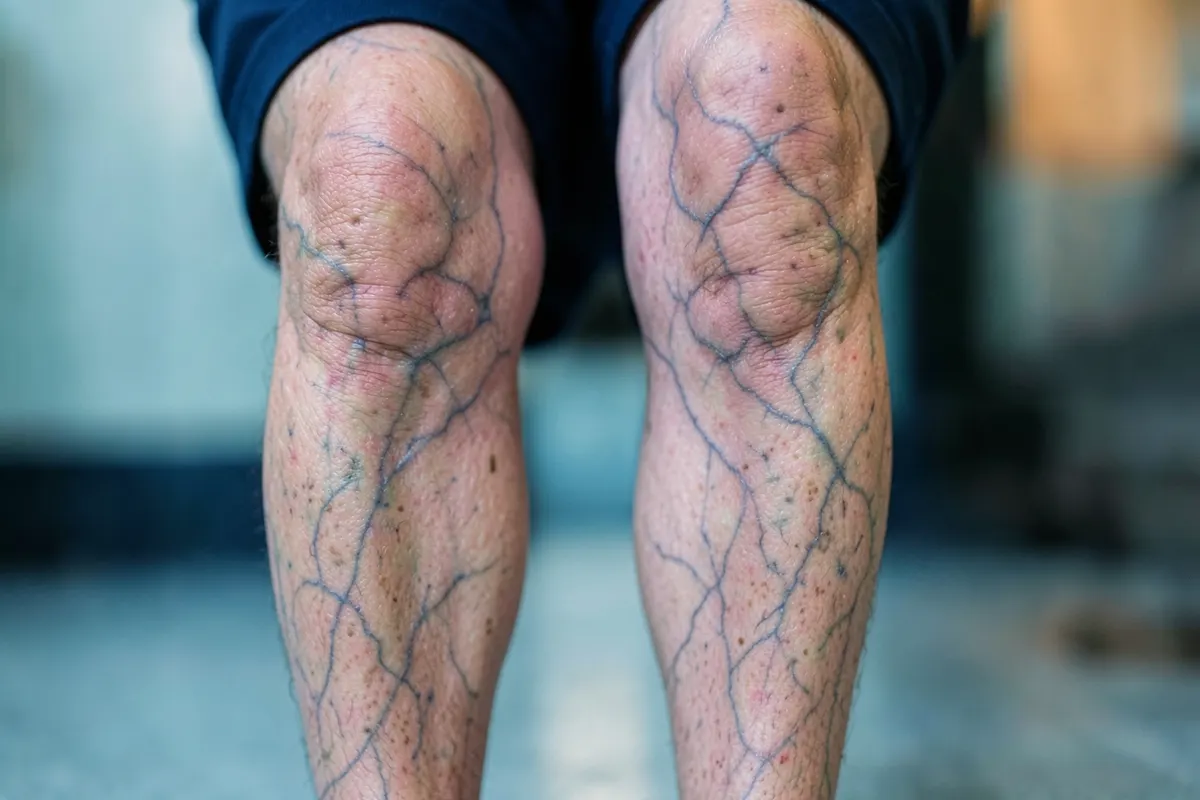 Pernas com inchaço visível e veias azuladas, indicando má circulação e possível doença vascular periférica.