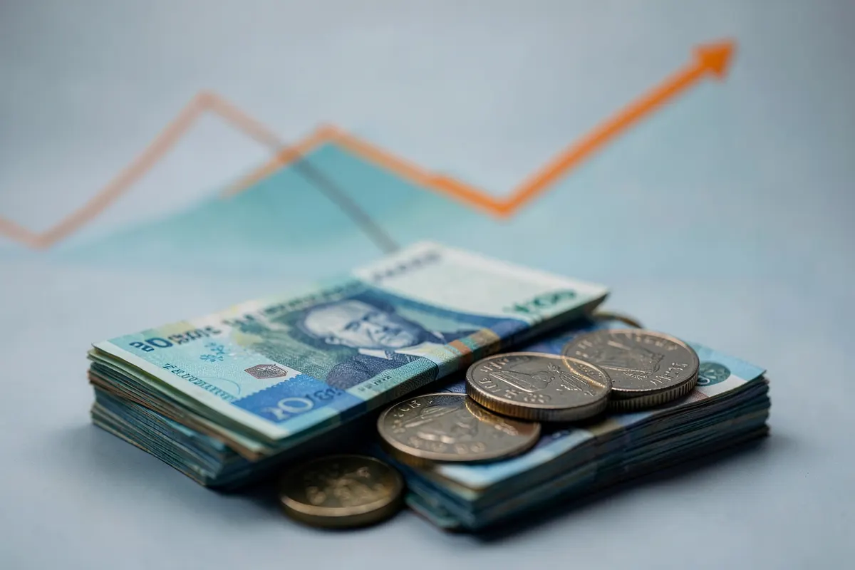 Uma pilha de notas de dinheiro e moedas ao lado de um gráfico de preços subindo, simbolizando o custo do tratamento.