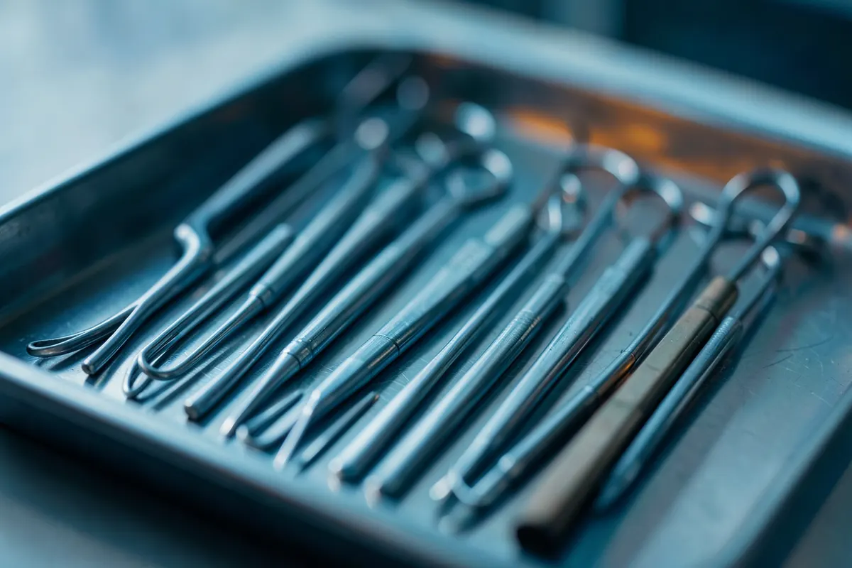 Um conjunto de instrumentos médicos esterilizados dispostos em uma bandeja, transmitindo segurança e higiene.