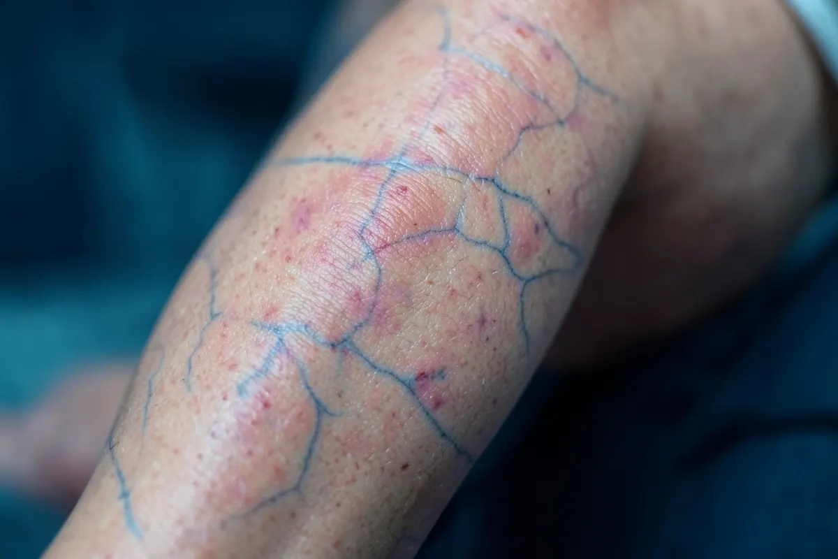 Perna com inchaço visível e veias azuladas sob a pele, indicando varizes.