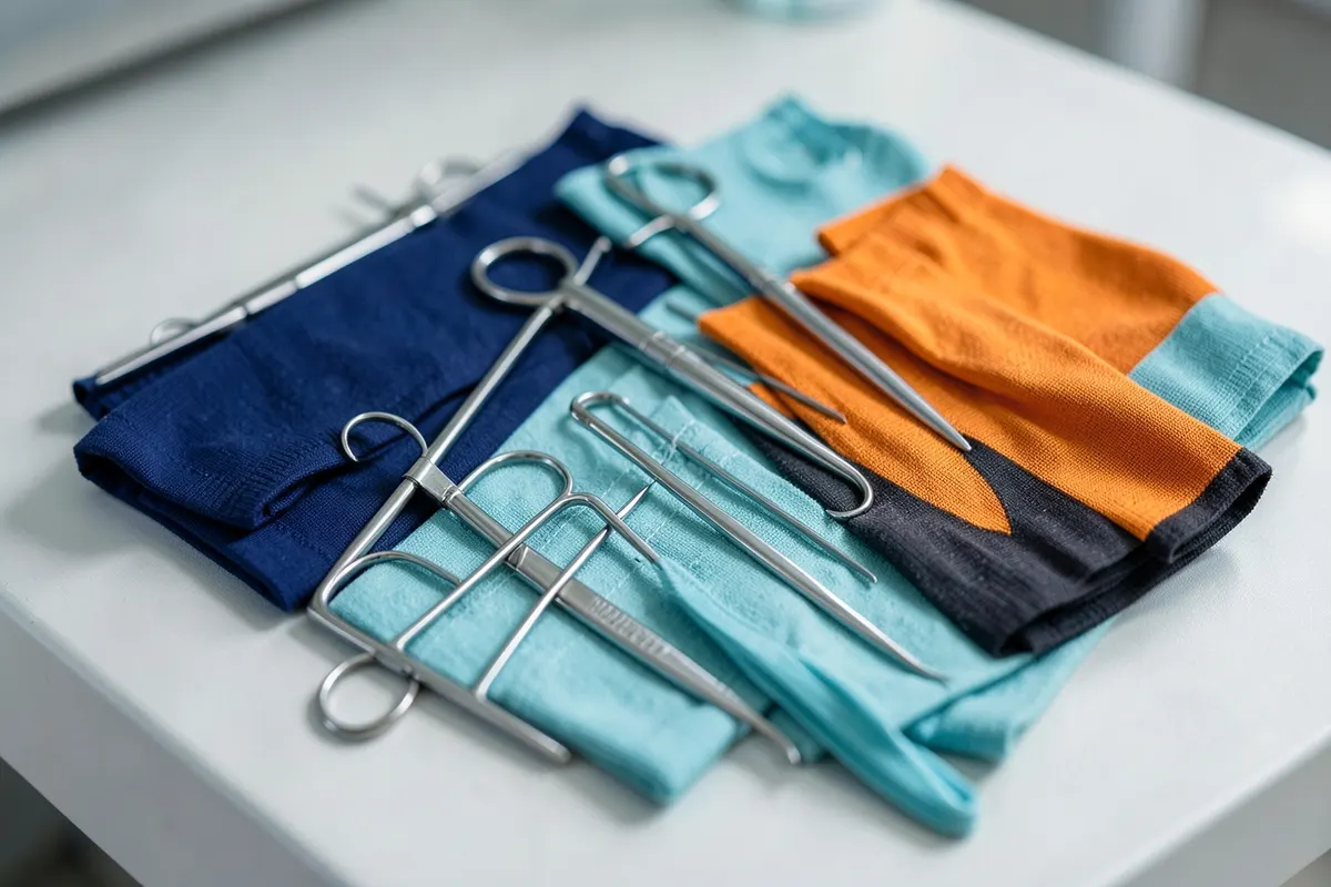 Kit médico com instrumentos cirúrgicos e meias de compressão, sugerindo tratamento para varizes.