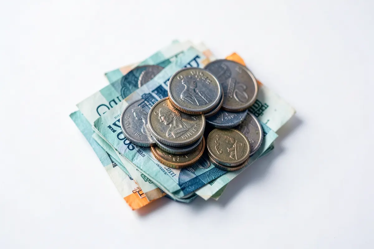 Moedas empilhadas e notas de dinheiro em um fundo branco, simbolizando o custo do tratamento médico.